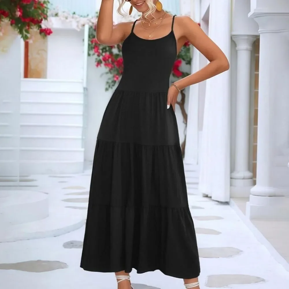 Black Tiered Maxi Dress, Spaghetti Straps, Stretchy, M